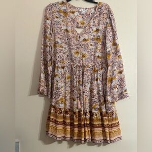 Band of Gypsies Pink and Yellow Floral Mini Dress with Cinched Waist